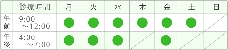 午前9：00～12：00　月曜〇　火曜〇　水曜〇　木曜〇　金曜〇　土曜〇　午後16：00～19：00　月曜〇　火曜〇　水曜〇　金曜〇